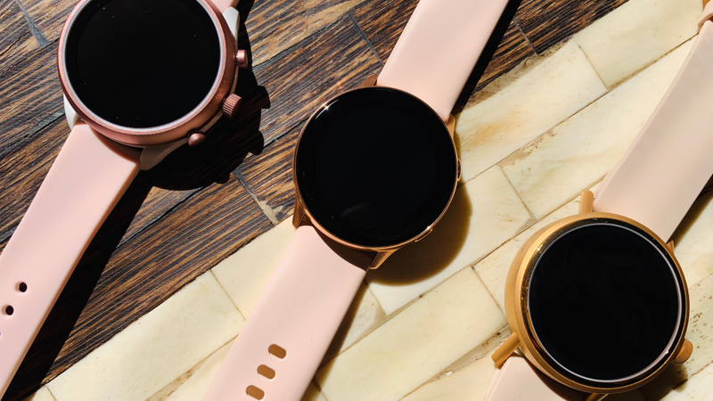 Left to right: Fossil Sport, Samsung Galaxy Watch, Misfit Vapor 2. A trio of watches that are pretty in pink.